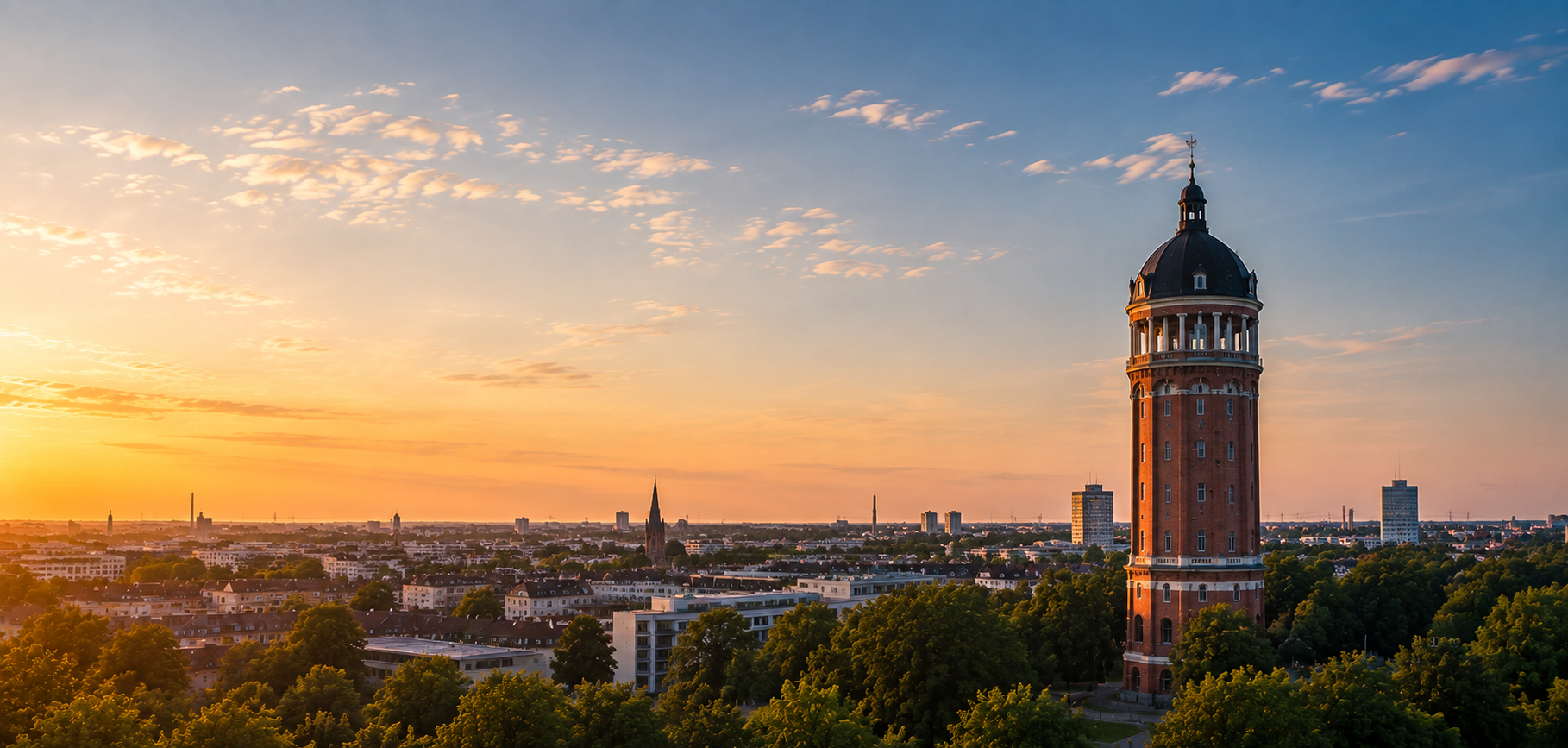 Freigegebenes KDG-Master-Hero: modernes Bürogebäude in Mönchengladbach mit roter Akzentbeleuchtung bei Sonnenuntergang.