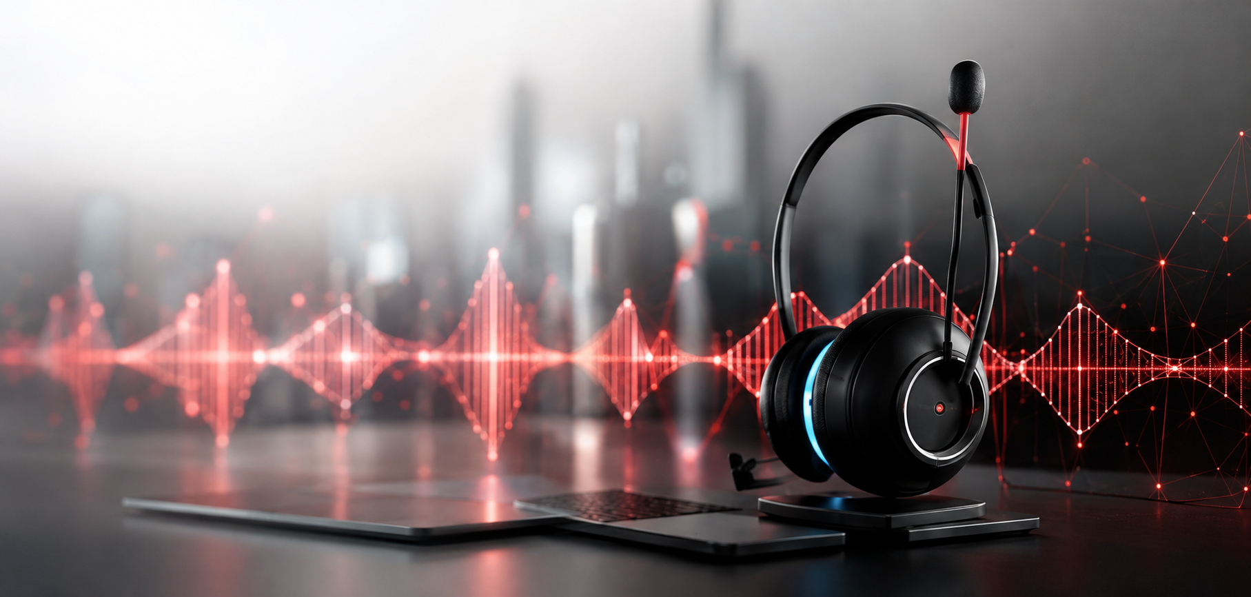 Schwarzes Kommunikations-Headset mit Bordeaux-Audiowellen in moderner Technologieumgebung.