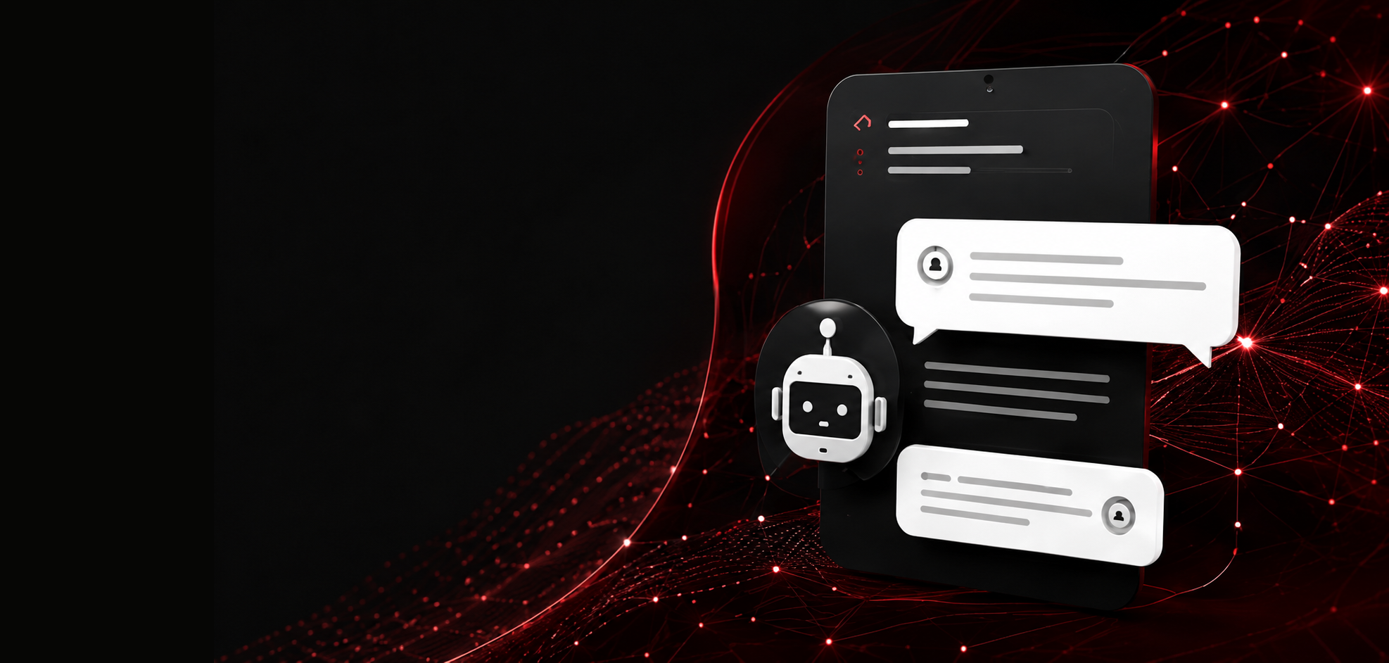 Dunkles Chatbot-Interface mit Smartphone, Chatblasen und Bordeaux-Netzwerk.