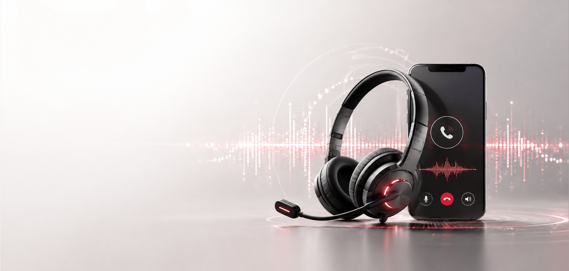 Modernes Kommunikations-Headset mit Smartphone und Bordeaux-Sprachwellen.